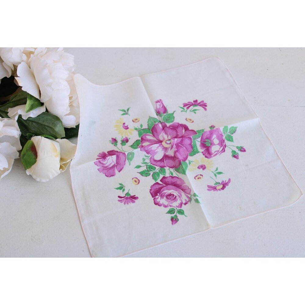 Vintage 1950s Cotton Handkerchief Floral Print, Pink Purple Roses Hankie